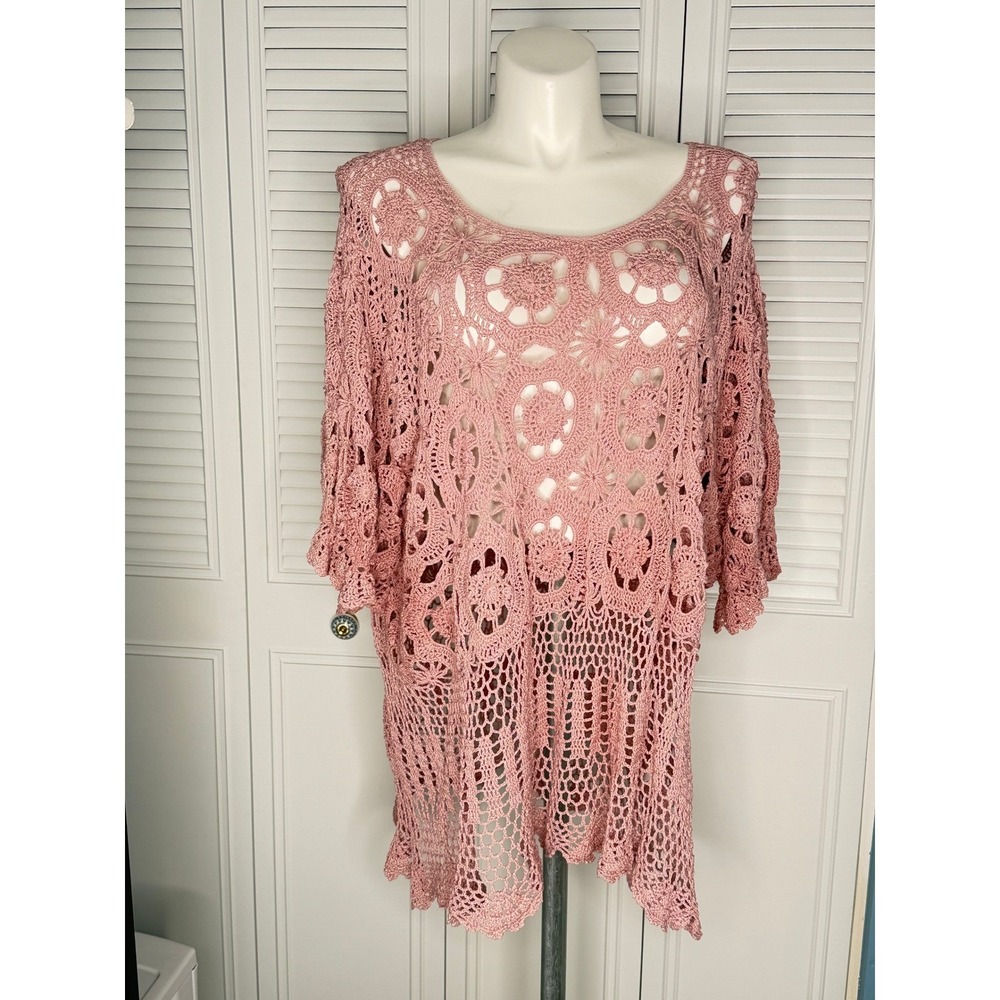 Denim 24/7 4X Pink Crochet Tunic Top Ramie Cotton Boho Open Knit
